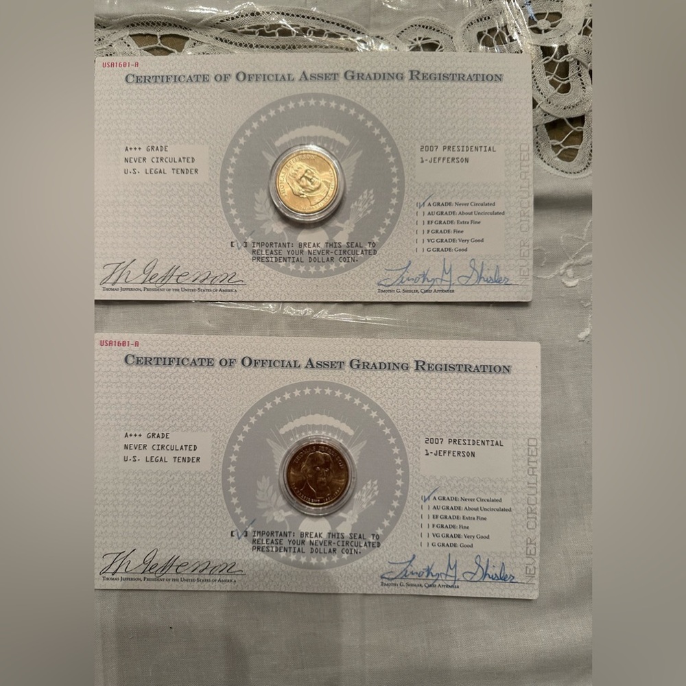 2 2007 Never circulated Thomas Jefferson Presidential Dollar Coin w/Certificate